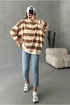 25K4426 - KAHVE - KALIN ÇİZGİLİ OVERSIZE SWEAT 